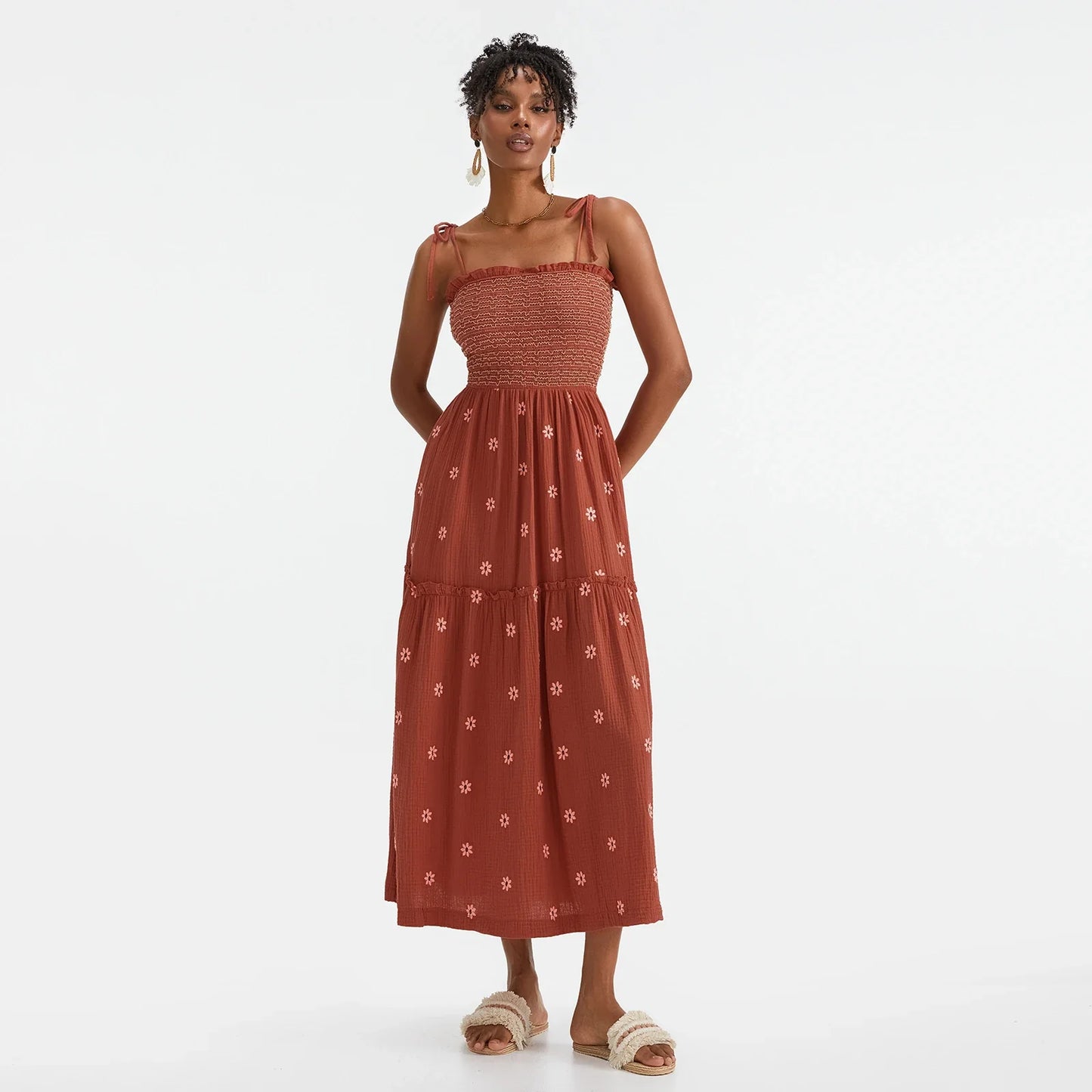 Vacation Dresses- Floral Embroidered Midi Dress for Summer Casual Evenings- - IndioGear.com