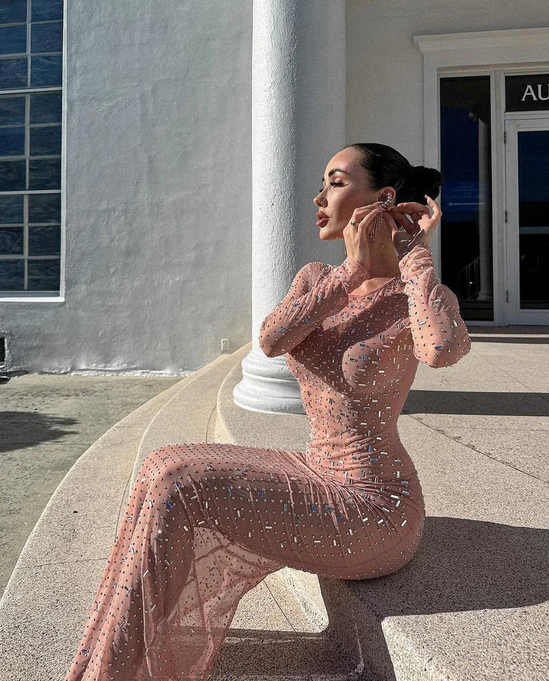 See-through Maxi Dresses- Glitter Diamond Sheath See-through Maxi Dress – For Red Carpet Looks 👗- - IndioGear Women Clothing