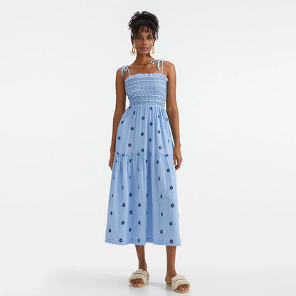 Vacation Dresses- Floral Embroidered Midi Dress for Summer Casual Evenings- - IndioGear.com