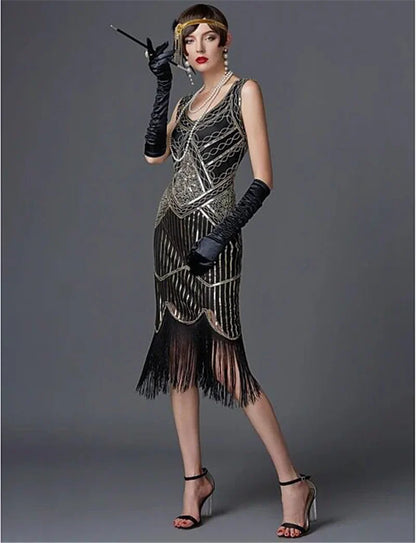 Sequin Dresses- 1920s Flapper Dress Great Gatsby Dress Black Sequin Party Dress- - IndioGear.com