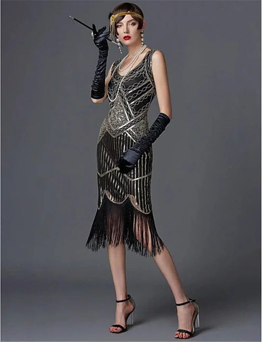 Sequin Dresses- 1920s Flapper Dress Great Gatsby Dress Black Sequin Party Dress- - IndioGear.com