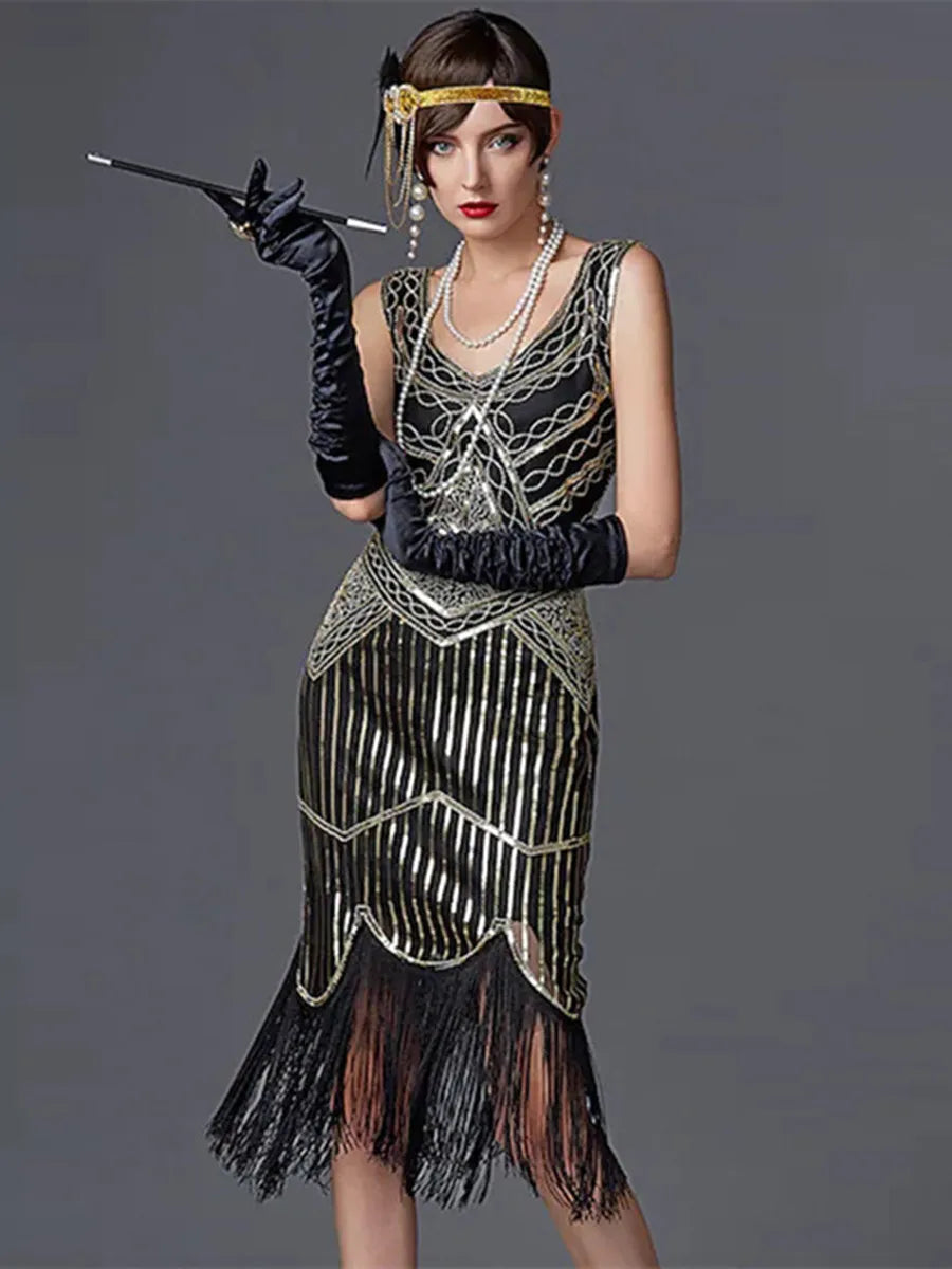 Sequin Dresses- 1920s Flapper Dress Great Gatsby Dress Black Sequin Party Dress- - IndioGear.com