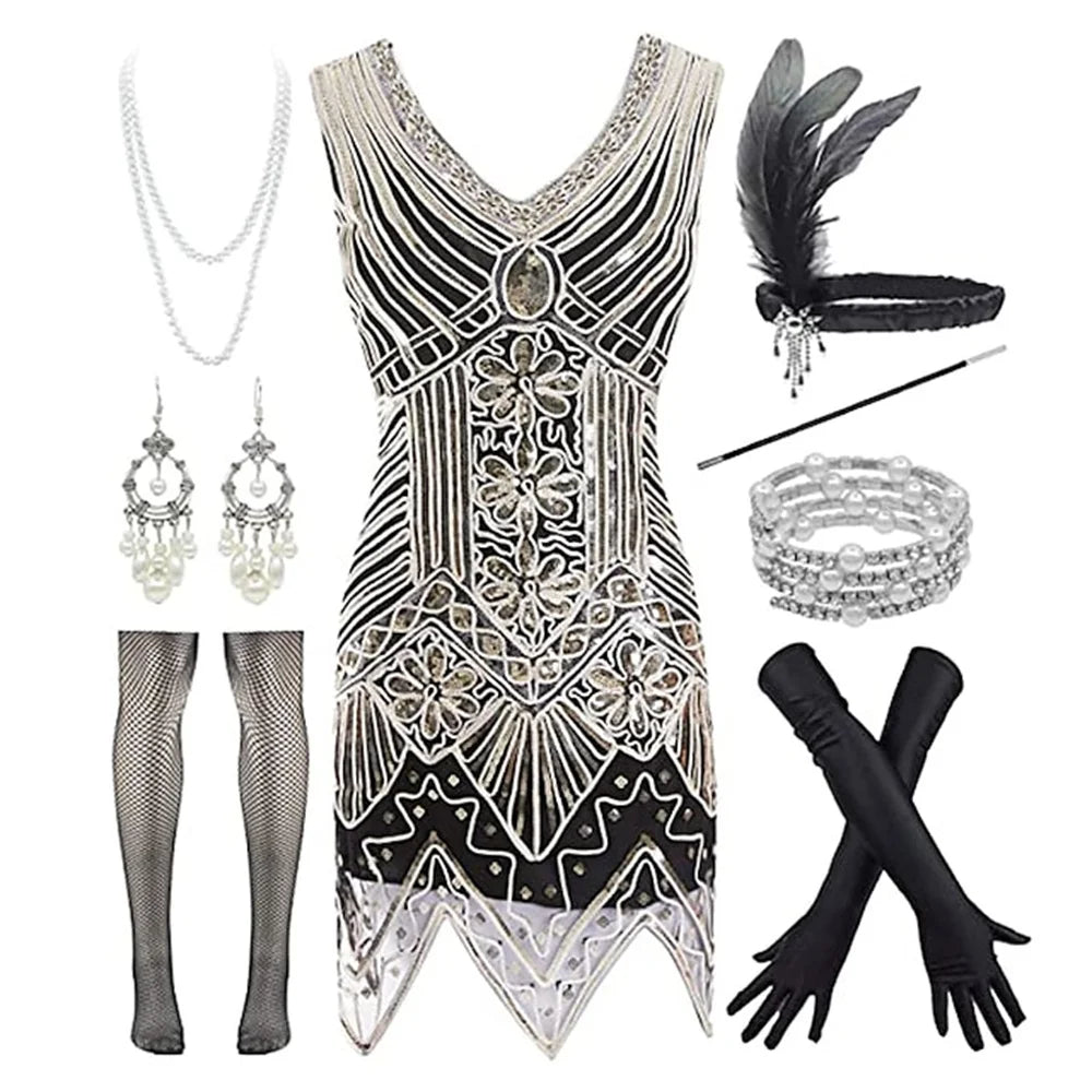 Sequin Dresses- Retro 20s 1920s Flapper Dress Set! Sequined Tassel Fringe Dress- - IndioGear.com