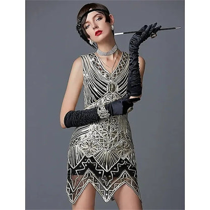 Sequin Dresses- Retro 20s 1920s Flapper Dress Set! Sequined Tassel Fringe Dress- Light Grey- IndioGear.com