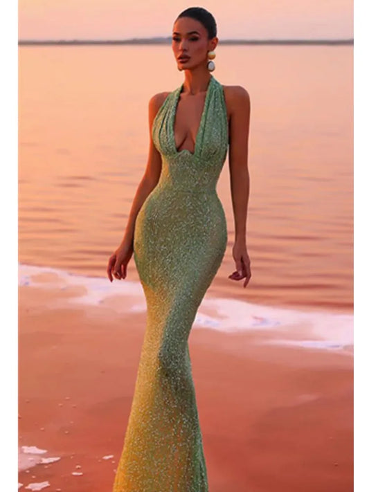 Sequin Maxi Dresses- Elegant Sequined Plunging Neck Maxi Dress - Shine at Social Events- Green- IndioGear Women Clothing