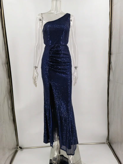 Sequin Maxi Dresses- Navy One-Shoulder Sequin Maxi Dress- - IndioGear Women Clothing