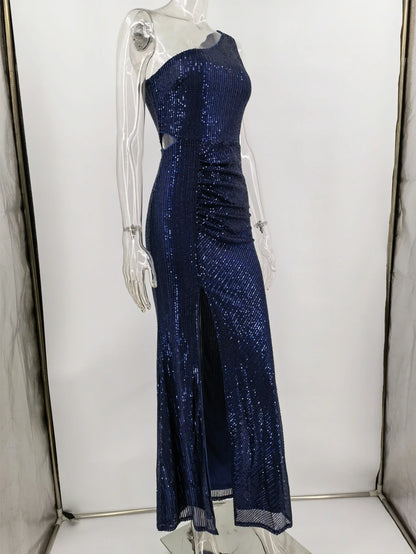 Sequin Maxi Dresses- Navy One-Shoulder Sequin Maxi Dress- - IndioGear Women Clothing