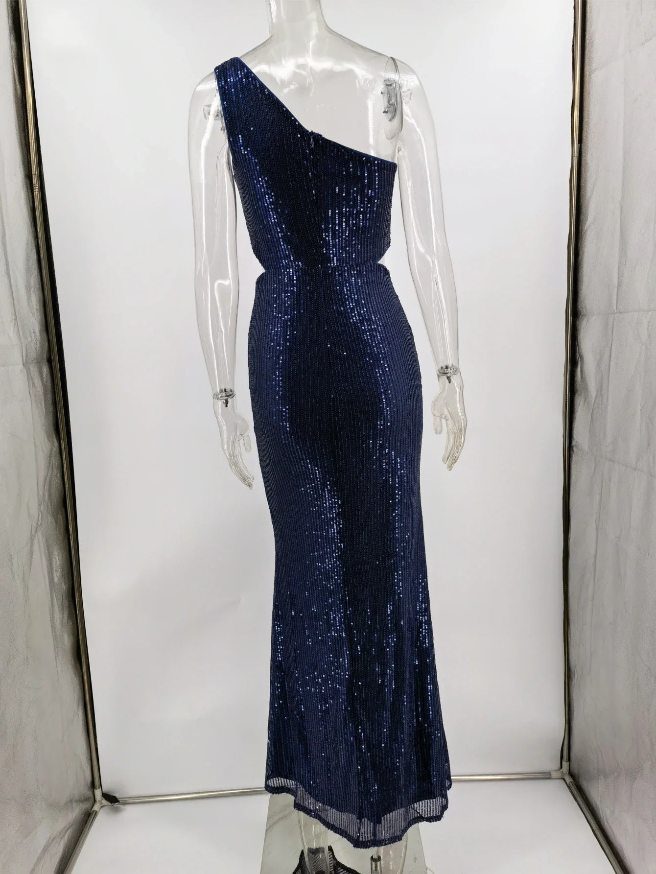 Sequin Maxi Dresses- Navy One-Shoulder Sequin Maxi Dress- - IndioGear Women Clothing