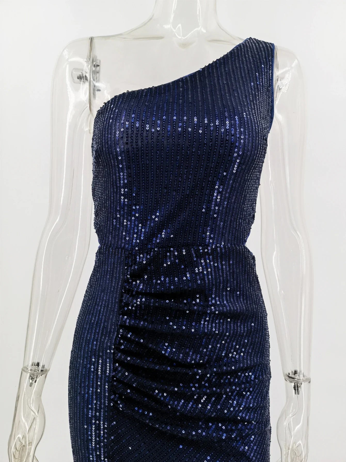 Sequin Maxi Dresses- Navy One-Shoulder Sequin Maxi Dress- - IndioGear Women Clothing