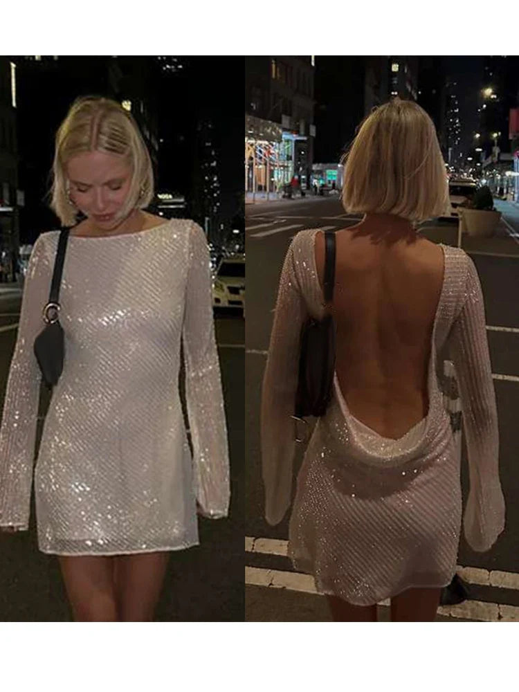 Sequin Mini Dress- Mesh Sequin Mini Dress Elegant Backless Cowl for Clubbing- - IndioGear Women Clothing