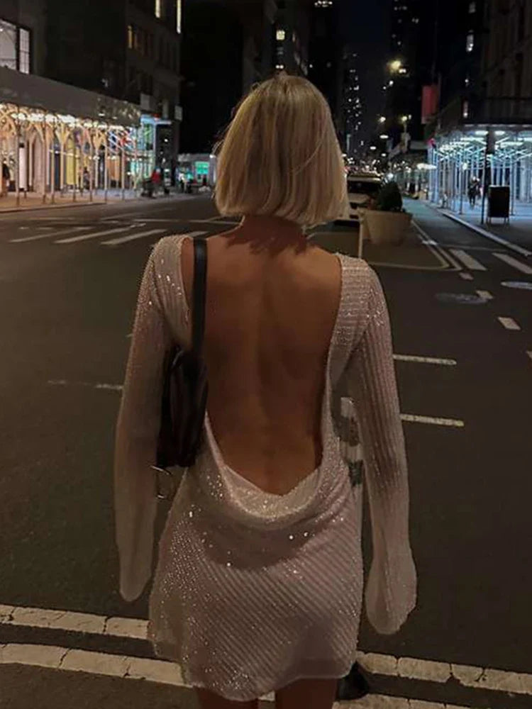 Sequin Mini Dress- Mesh Sequin Mini Dress Elegant Backless Cowl for Clubbing- - IndioGear Women Clothing