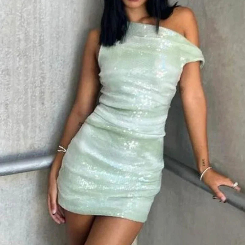 Sequin Mini Dress- One-Shoulder Sparkle Party Mini Dress 🌟- - IndioGear Women Clothing