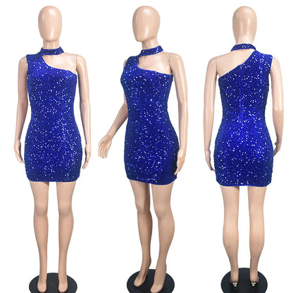 Sequin Mini Dress- Royal Blue Sequin Bodycon Mini Dress – for Night Out & Cocktail Parties- - IndioGear.com