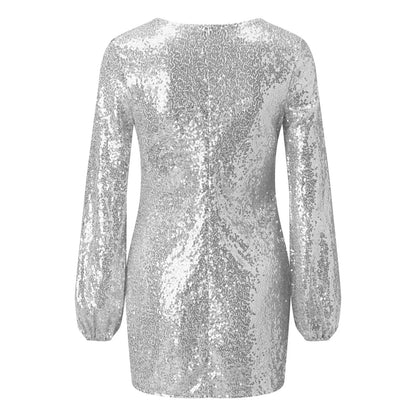 Sequin Mini Dress- Sequin Lantern Sleeve Mini Dress - Event Ready- - IndioGear.com