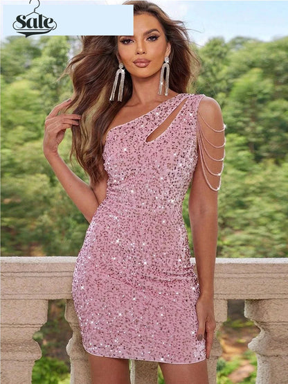 Sequin Mini Dress- Starry Night Sequin Dress - Ultimate Party Look- Pink- IndioGear Women Clothing