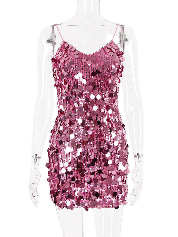 Sequined Dresses- Glittering Sequin Cami Dress for Fashion Shows- - IndioGear Women Clothing