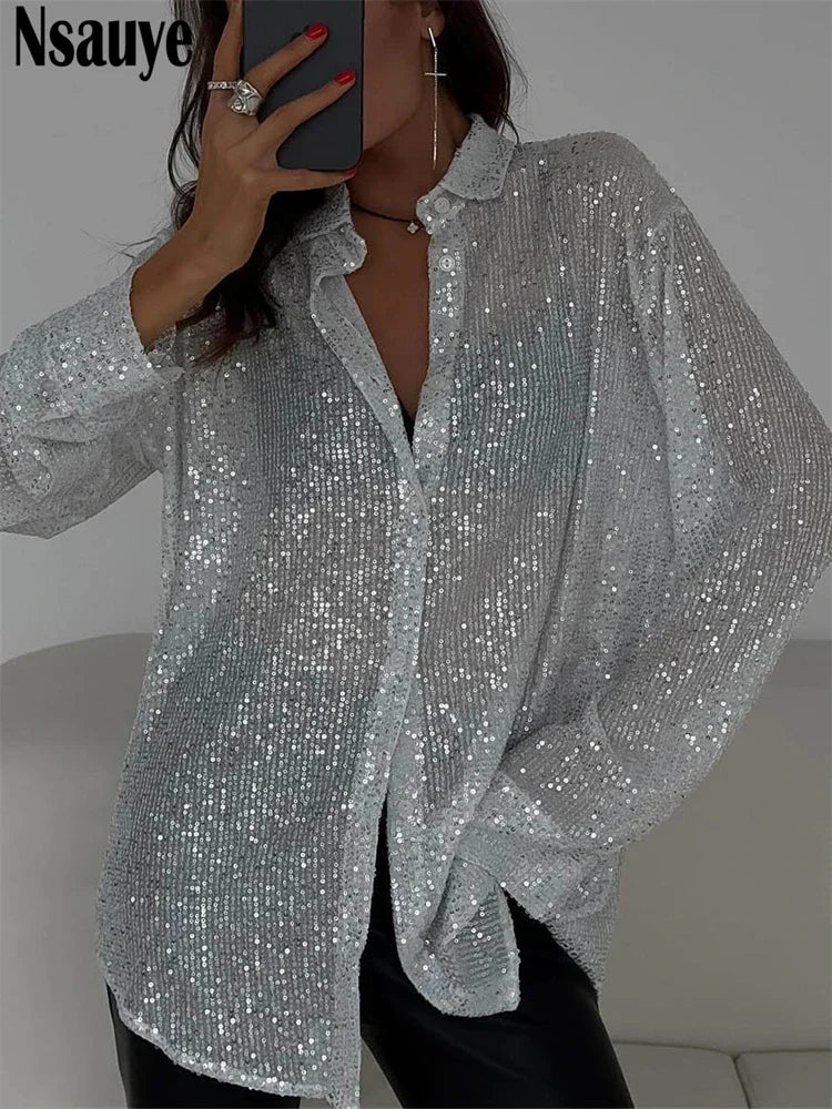 Sequined Tops- Midnight Shimmer Sheer Top- White- IndioGear.com