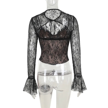 Sheer Tops- Sheer Lace Top with Flare Sleeves – Date Night Ready 💫- - IndioGear Women Clothing