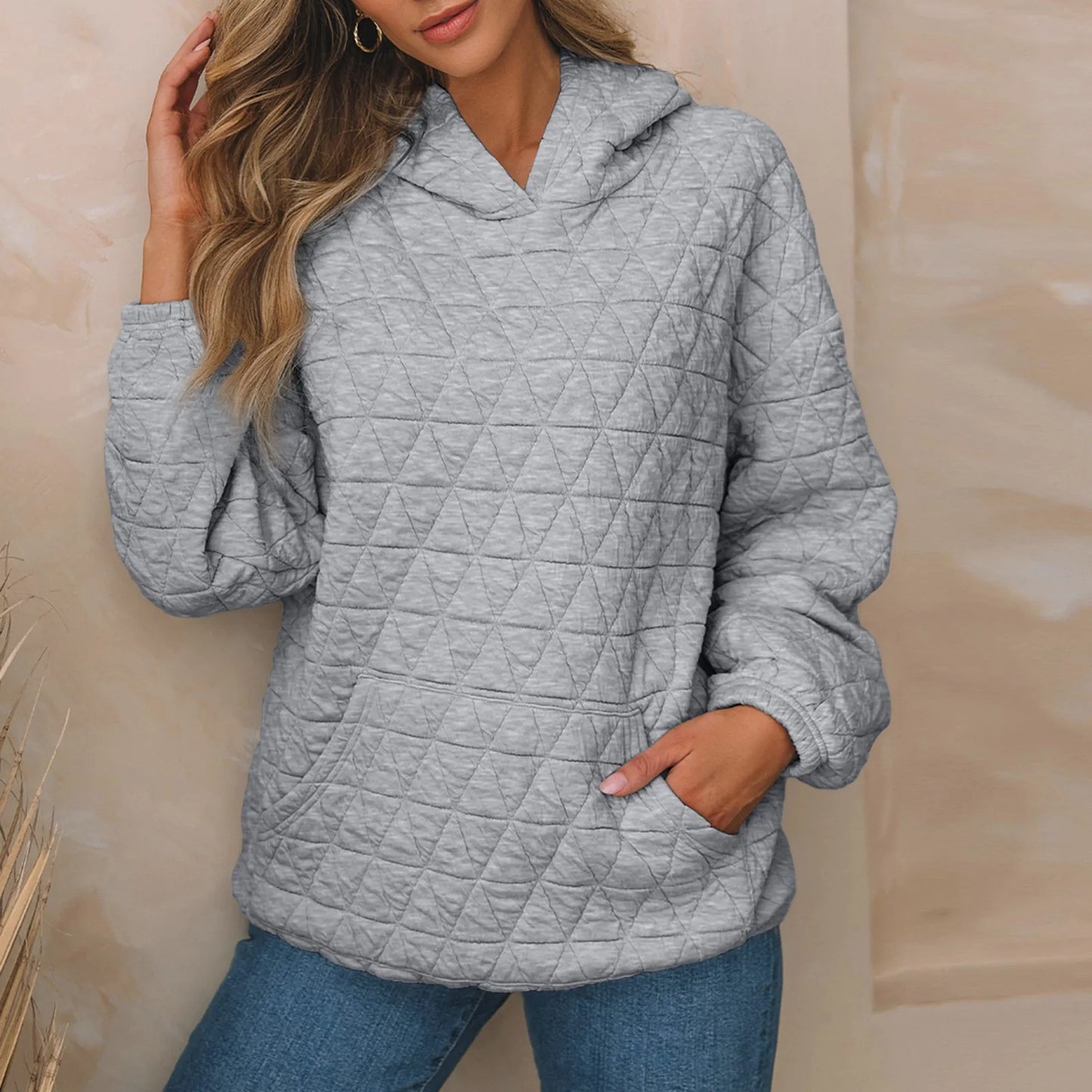 Sweatshirts- Sweatshirt Quilted Hoodie Kangaroo Pouch- Light Gray- IndioGear.com