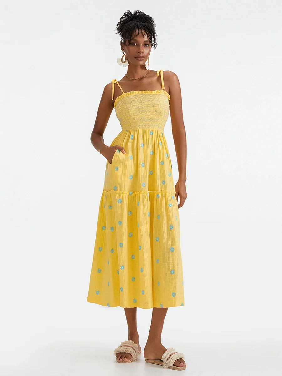 Vacation Dresses- Floral Embroidered Midi Dress for Summer Casual Evenings- - IndioGear.com