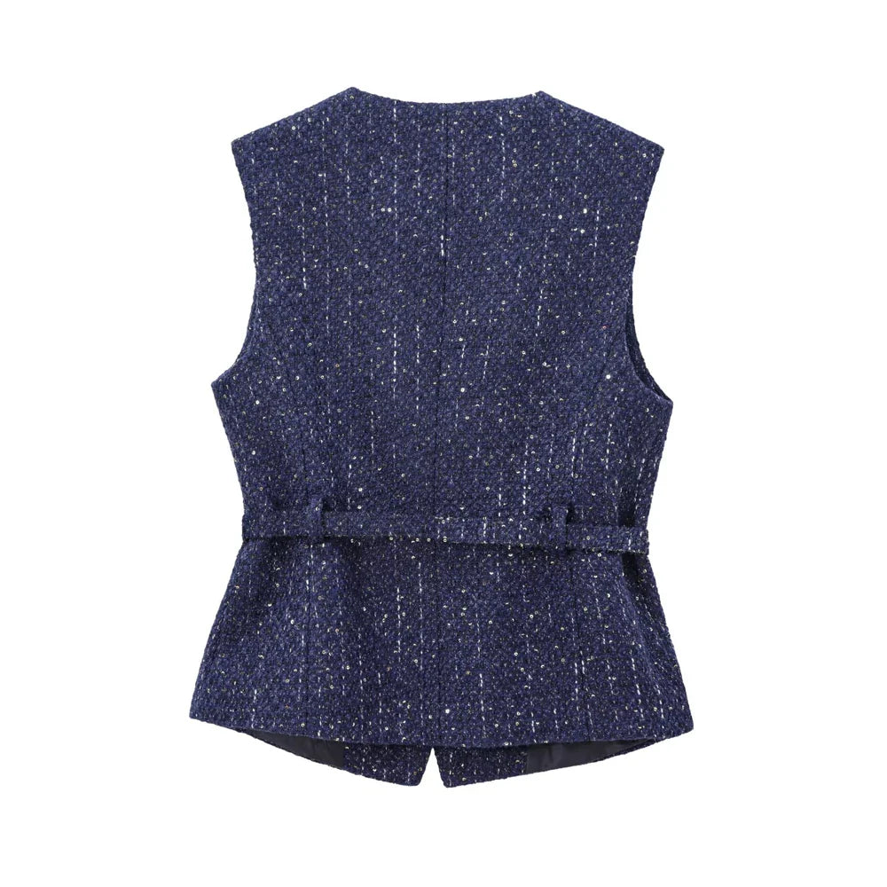 Vests- Metallic Flecked Tweed Cinched Vest for Professional Events- - IndioGear Women Clothing