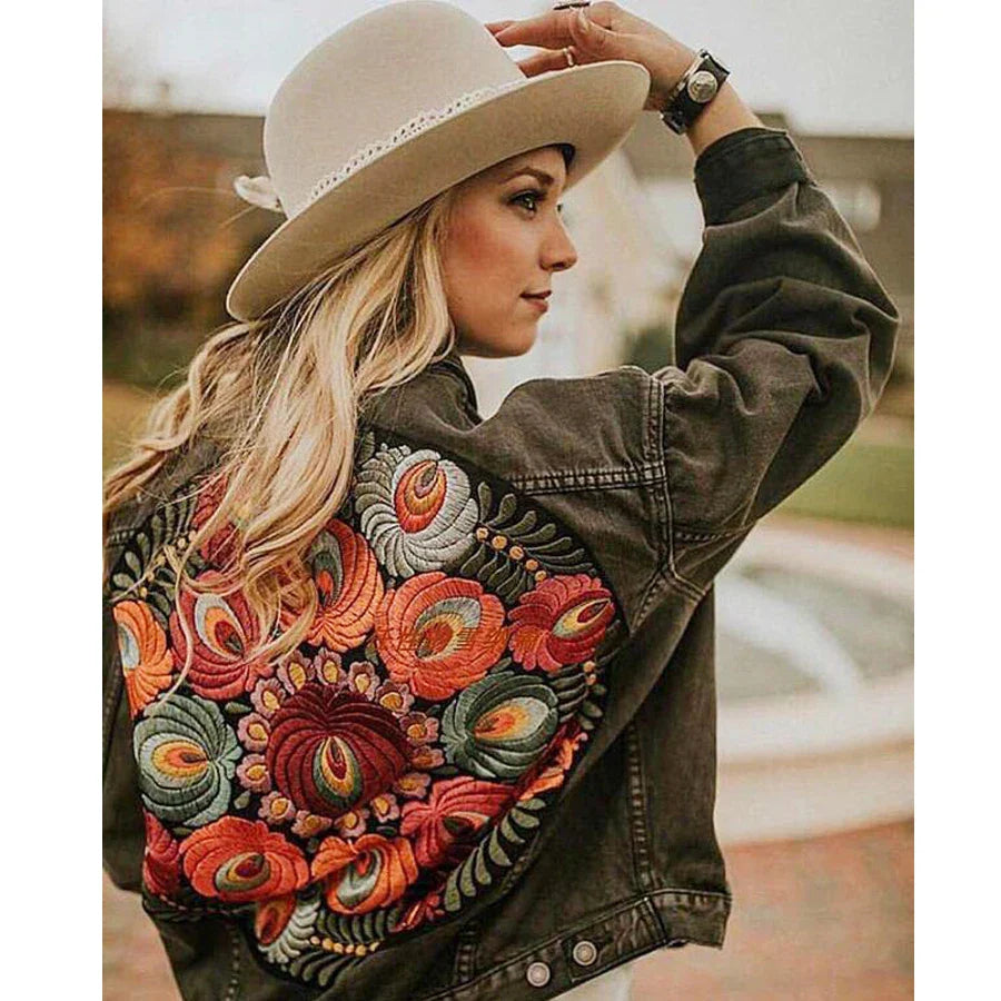 Denim Jackets- Floral Embroidered Patch on Back Denim Oversized Jacket- - IndioGear.com