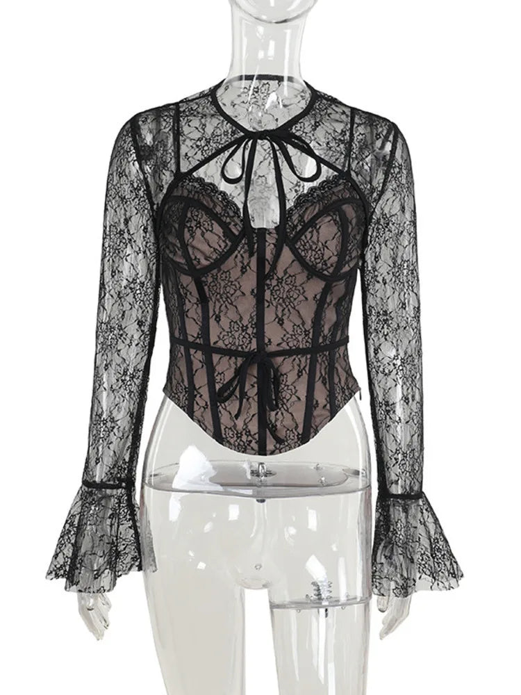 Sheer Tops- Sheer Lace Top with Flare Sleeves – Date Night Ready 💫- Black- IndioGear Women Clothing