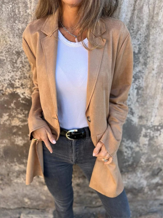 Shackets- Casual Fashion Suede Lapel Long Sleeve Long Jacket- Khaki- IndioGear.com