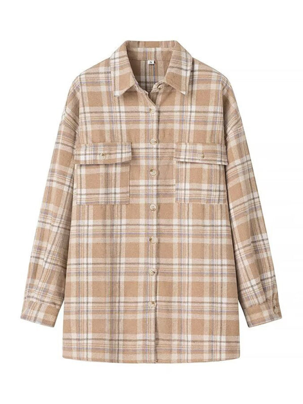 Shackets- Fall Plaid Shacket Flap Shirt Jacket- - IndioGear Women Clothing