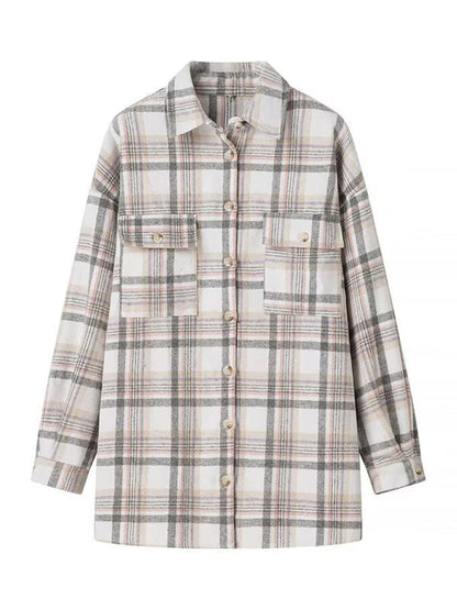 Shackets- Fall Plaid Shacket Flap Shirt Jacket- Grey- IndioGear Women Clothing