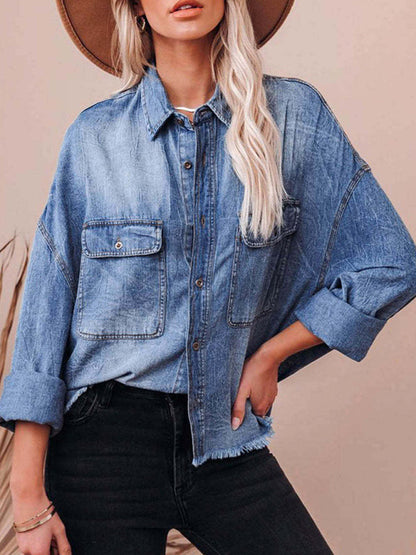 Shackets- Oversized Distressed Denim Shacket Frayed Jacket- - IndioGear Women Clothing