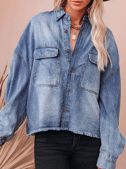 Shackets- Oversized Distressed Denim Shacket Frayed Jacket- - IndioGear Women Clothing