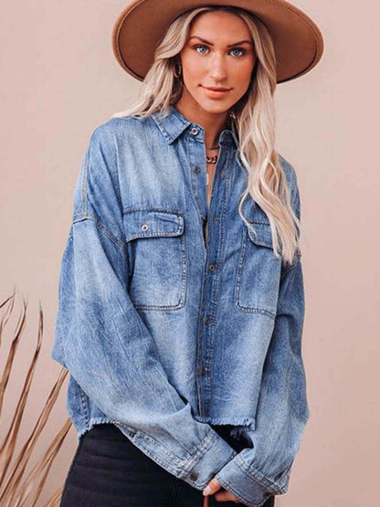 Shackets- Oversized Distressed Denim Shacket Frayed Jacket- - IndioGear Women Clothing