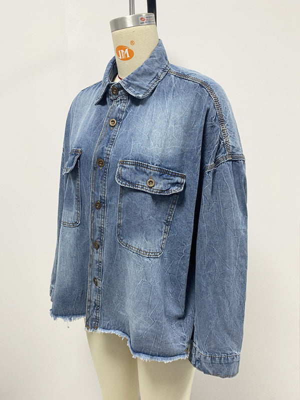 Shackets- Oversized Distressed Denim Shacket Frayed Jacket- - IndioGear Women Clothing