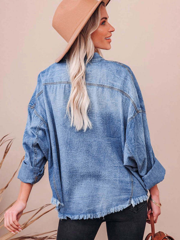 Shackets- Oversized Distressed Denim Shacket Frayed Jacket- - IndioGear Women Clothing