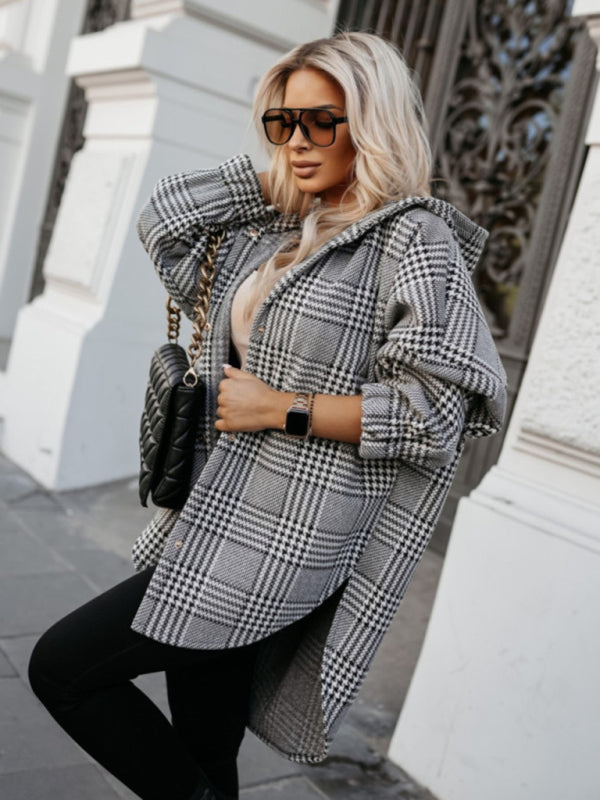 Shackets- Plaid Hooded Shacket for Fall Houndstooth Shirt Jacket- - IndioGear Women Clothing