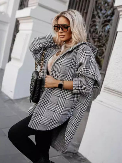 Shackets- Plaid Hooded Shacket for Fall Houndstooth Shirt Jacket- - IndioGear Women Clothing