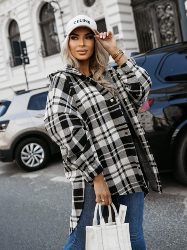 Shackets- Plaid Hooded Shacket for Fall Houndstooth Shirt Jacket- - IndioGear Women Clothing