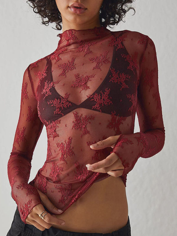 Sheer Tops- Floral Sheer Lace Top Modern Romantic Blouse- Wine Red- IndioGear Women Clothing