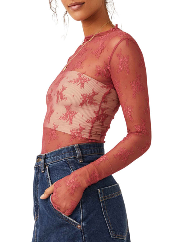 Sheer Tops- Floral Sheer Lace Top Modern Romantic Blouse- Orange Red- IndioGear Women Clothing