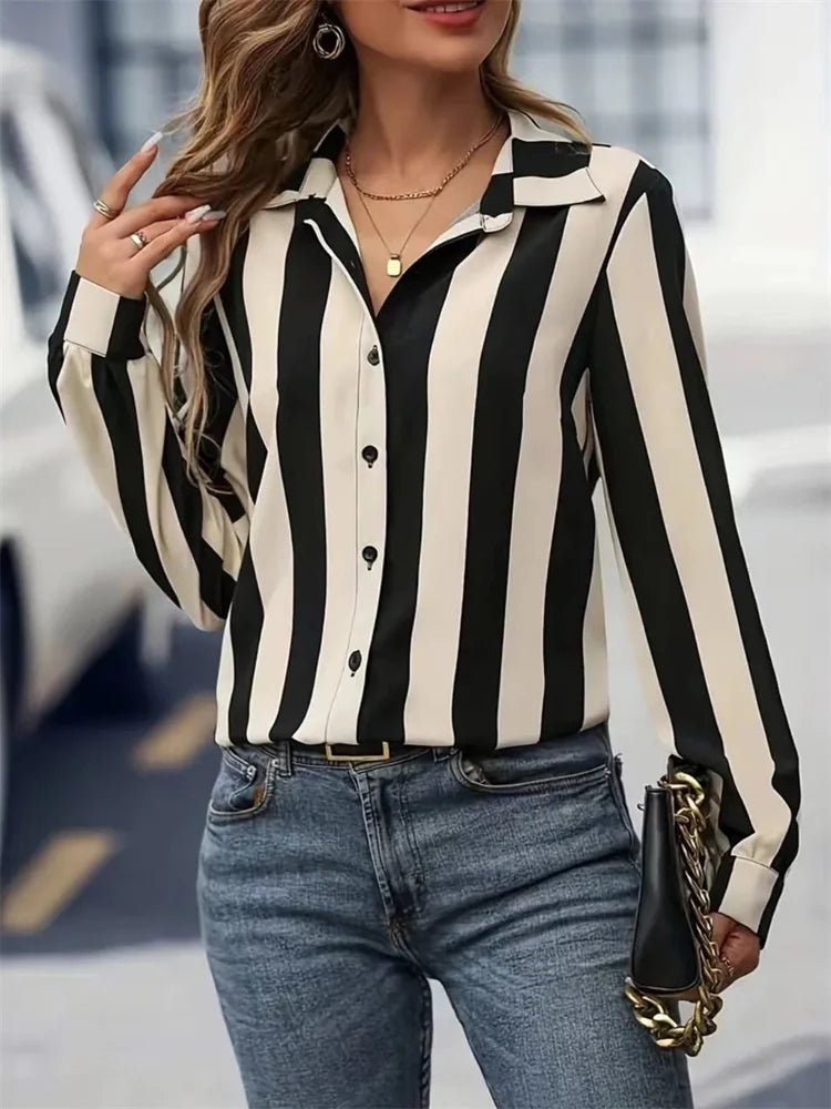 Shirt Blouses - Sleek Black & White Stripe Work Top