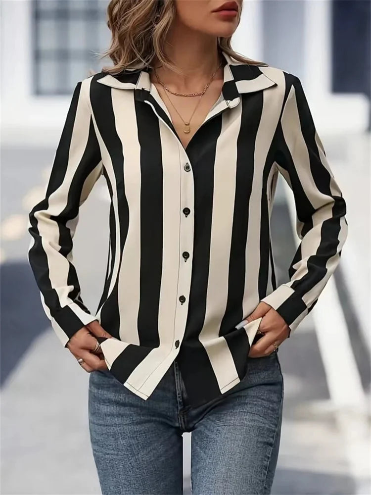 Shirt Blouses - Sleek Black & White Stripe Work Top