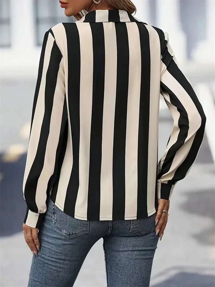 Shirt Blouses - Sleek Black & White Stripe Work Top