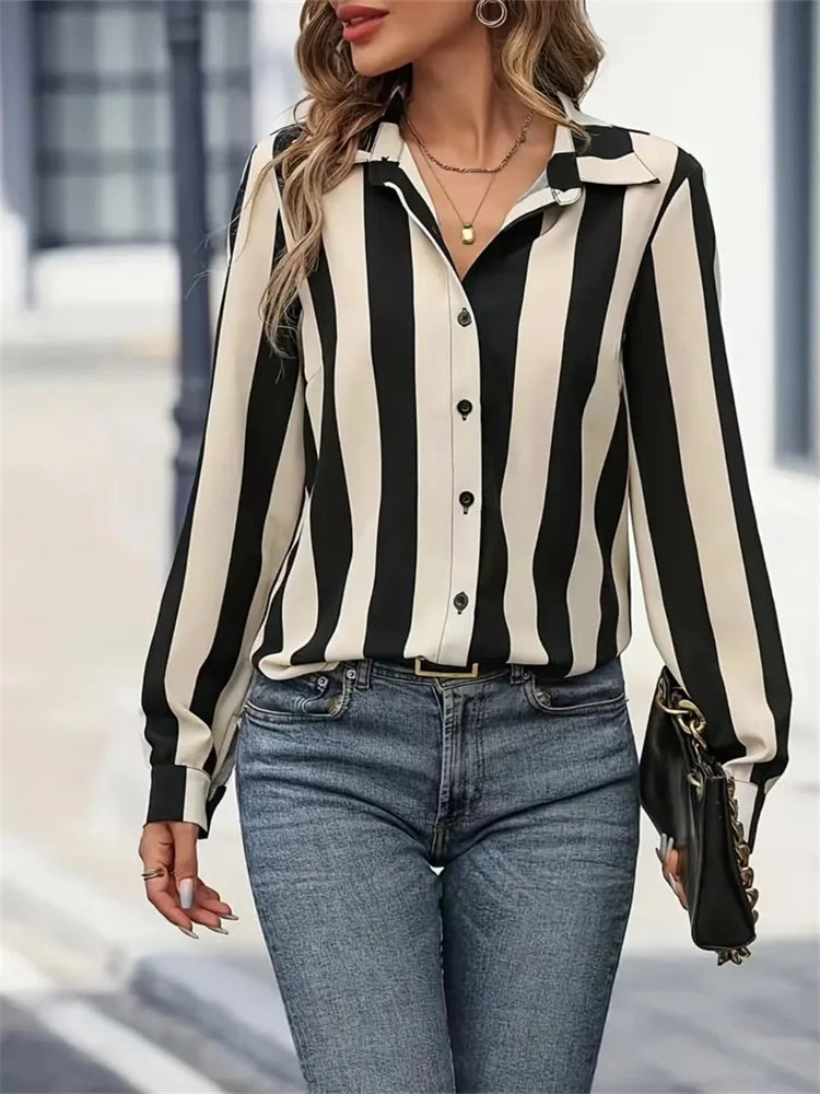 Shirt Blouses - Sleek Black & White Stripe Work Top