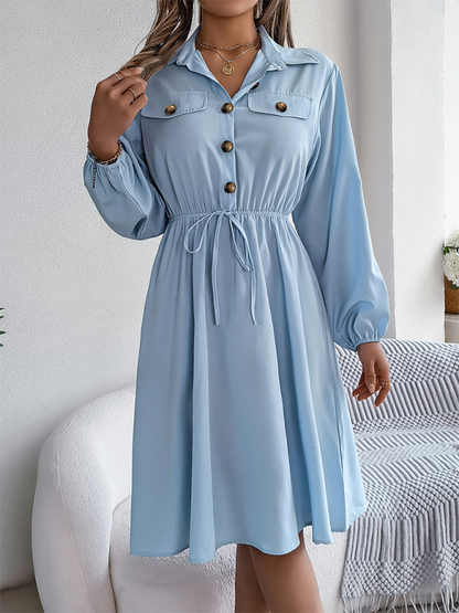 Shirt Dress- Solid Shirt Dress Knee Length with Bishop Sleeves- - IndioGear.com