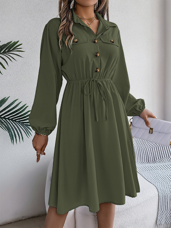 Shirt Dress- Solid Shirt Dress Knee Length with Bishop Sleeves- - IndioGear.com