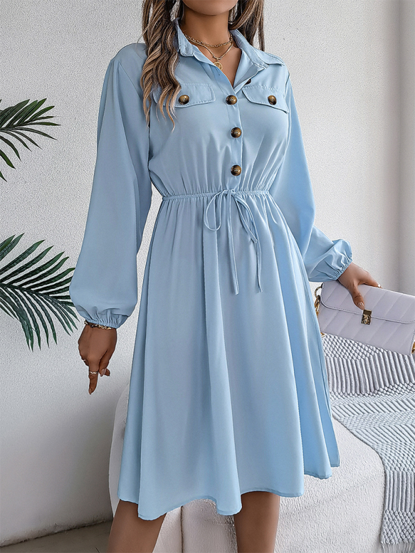 Shirt Dress- Solid Shirt Dress Knee Length with Bishop Sleeves- - IndioGear.com