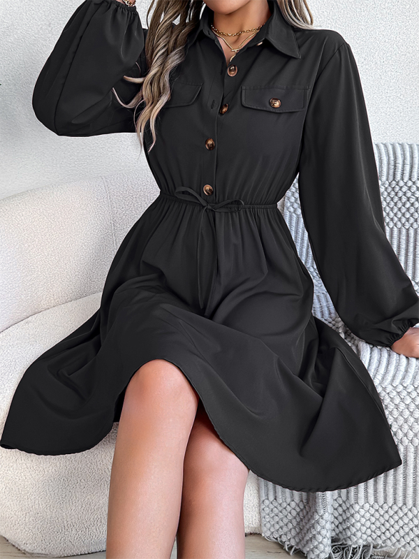 Shirt Dress- Solid Shirt Dress Knee Length with Bishop Sleeves- - IndioGear.com