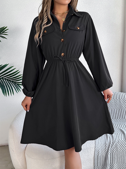 Shirt Dress- Solid Shirt Dress Knee Length with Bishop Sleeves- - IndioGear.com