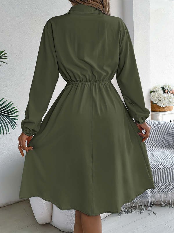 Shirt Dress- Solid Shirt Dress Knee Length with Bishop Sleeves- - IndioGear.com